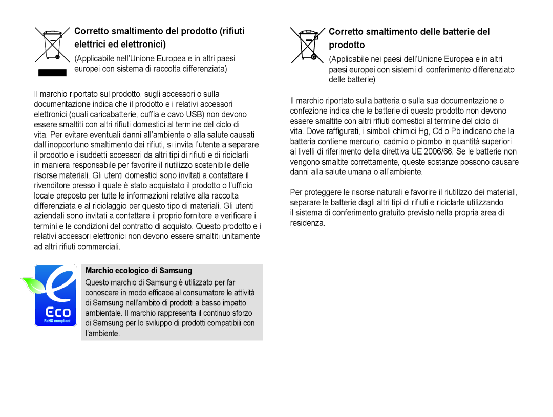 Samsung EV-NX10ZZBCBIT, EV-NX10ZZBABDE manual Corretto smaltimento delle batterie del prodotto, Marchio ecologico di Samsung 