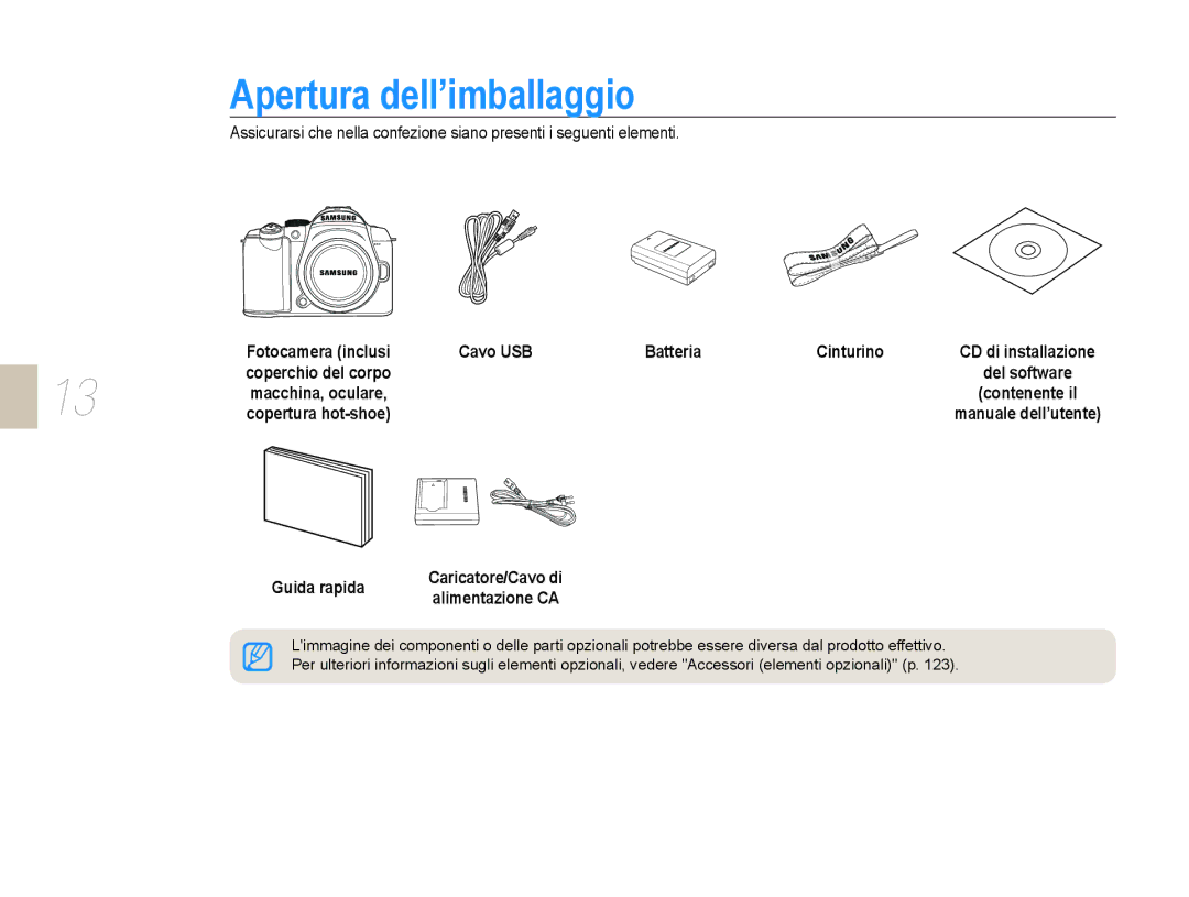 Samsung EV-NX10ZZBCBIT, EV-NX10ZZBABDE, EV-NX10ZZBABIT Apertura dell’imballaggio, Cavo USB Batteria Cinturino, Guida rapida 