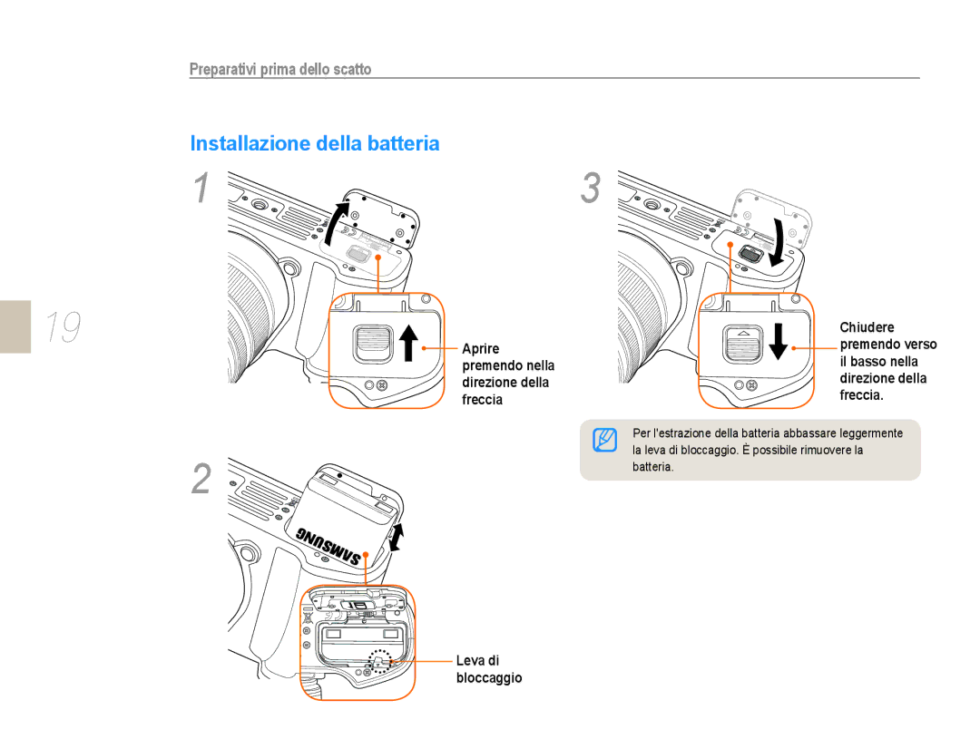 Samsung EV-NX10ZZBCBIT, EV-NX10ZZBABDE Installazione della batteria, Preparativi prima dello scatto, Leva di bloccaggio 