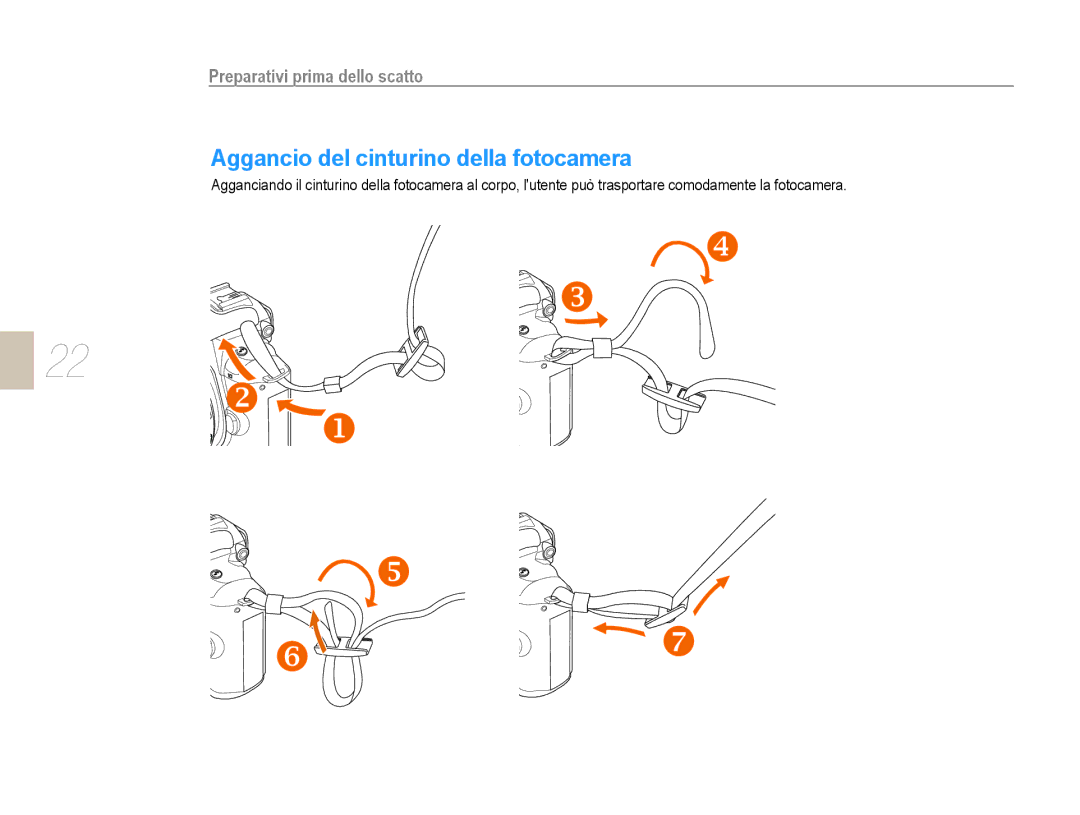 Samsung EV-NX10ZZBCBIT, EV-NX10ZZBABDE, EV-NX10ZZBABIT manual Aggancio del cinturino della fotocamera 