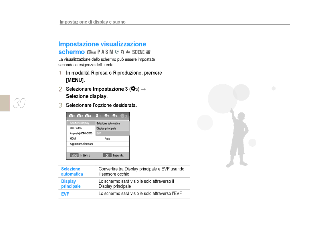 Samsung EV-NX10ZZBABDE, EV-NX10ZZBCBIT manual Impostazione visualizzazione schermo, Modalità Ripresa o Riproduzione, premere 