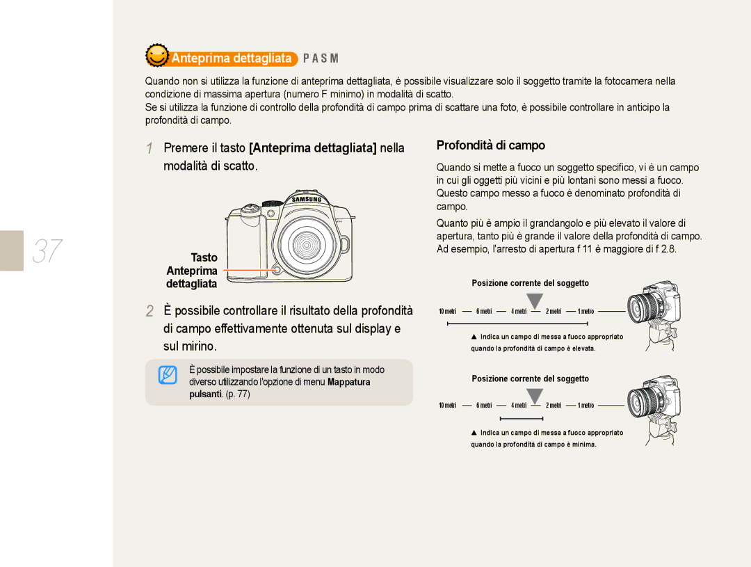 Samsung EV-NX10ZZBCBIT, EV-NX10ZZBABDE, EV-NX10ZZBABIT manual Profondità di campo, Tasto Anteprima dettagliata 