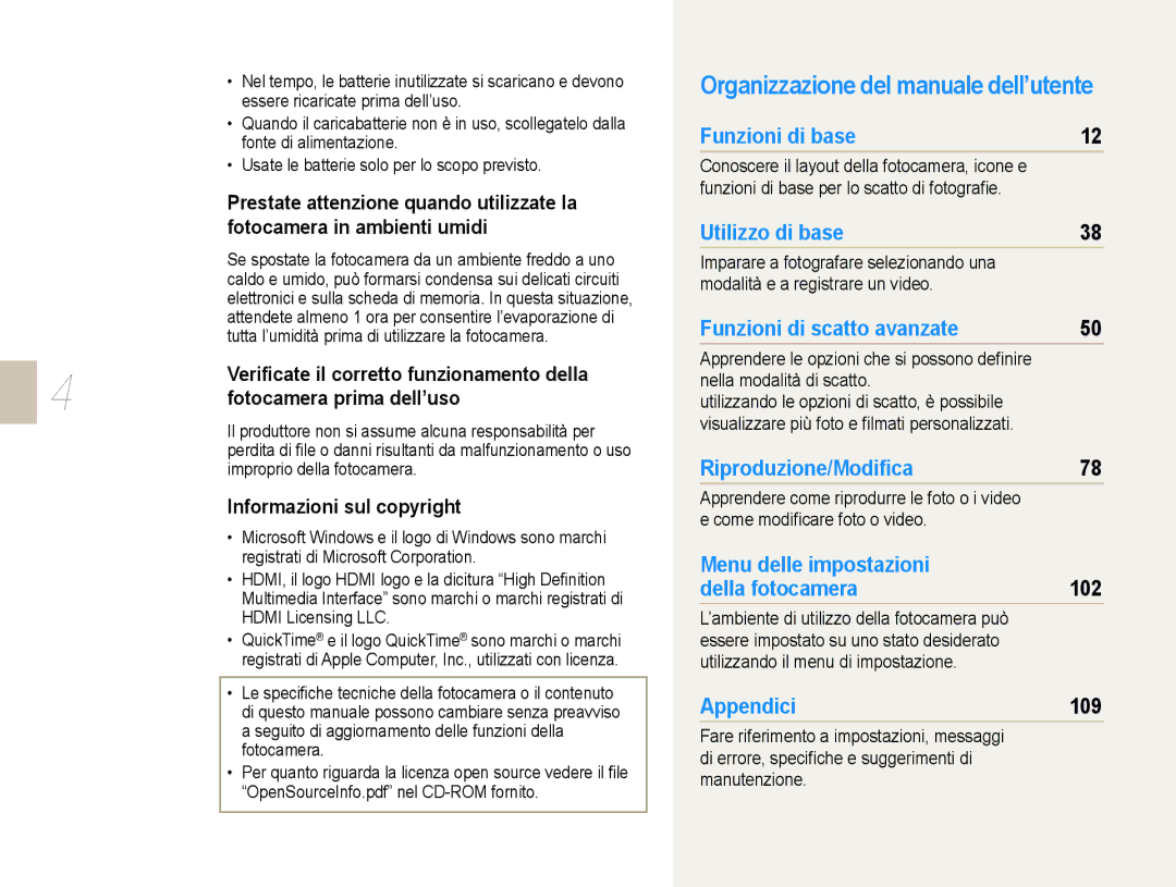 Samsung EV-NX10ZZBCBIT, EV-NX10ZZBABDE, EV-NX10ZZBABIT manual Fotocamera prima dell’uso, Informazioni sul copyright, 102, 109 