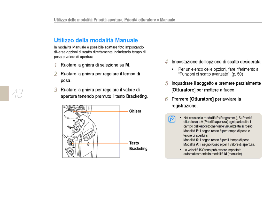 Samsung EV-NX10ZZBCBIT, EV-NX10ZZBABDE Utilizzo della modalità Manuale, Ruotare la ghiera di selezione su M, Ghiera, Tasto 