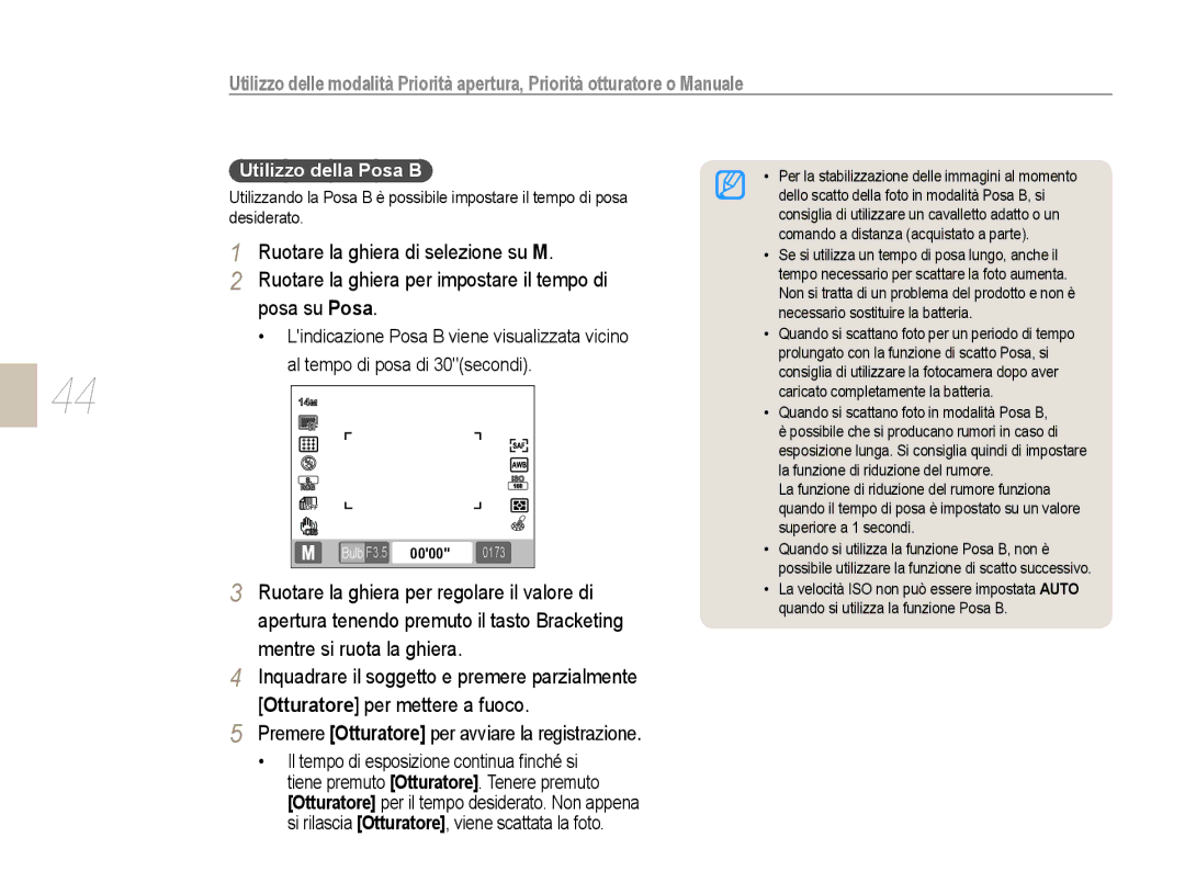 Samsung EV-NX10ZZBABIT, EV-NX10ZZBABDE manual Premere Otturatore per avviare la registrazione, Utilizzo della Posa B 