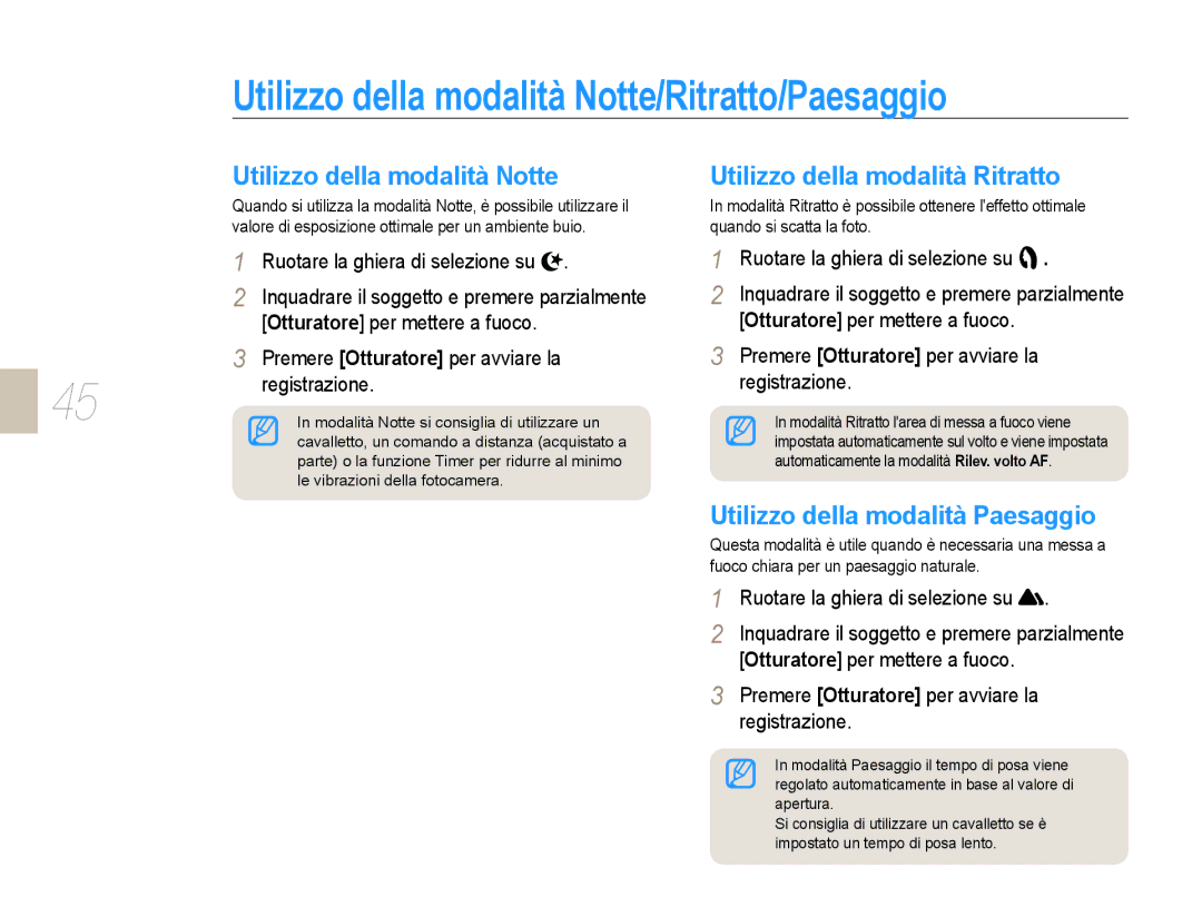 Samsung EV-NX10ZZBABDE, EV-NX10ZZBCBIT Utilizzo della modalità Notte/Ritratto/Paesaggio, Utilizzo della modalità Ritratto 