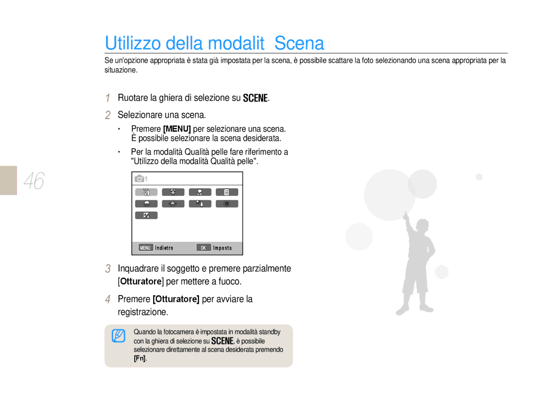 Samsung EV-NX10ZZBCBIT manual Utilizzo della modalità Scena, Ruotare la ghiera di selezione su Selezionare una scena 