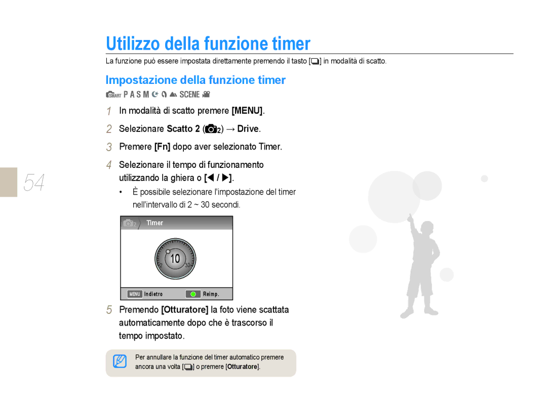 Samsung EV-NX10ZZBABDE manual Utilizzo della funzione timer, Impostazione della funzione timer, Utilizzando la ghiera o W 