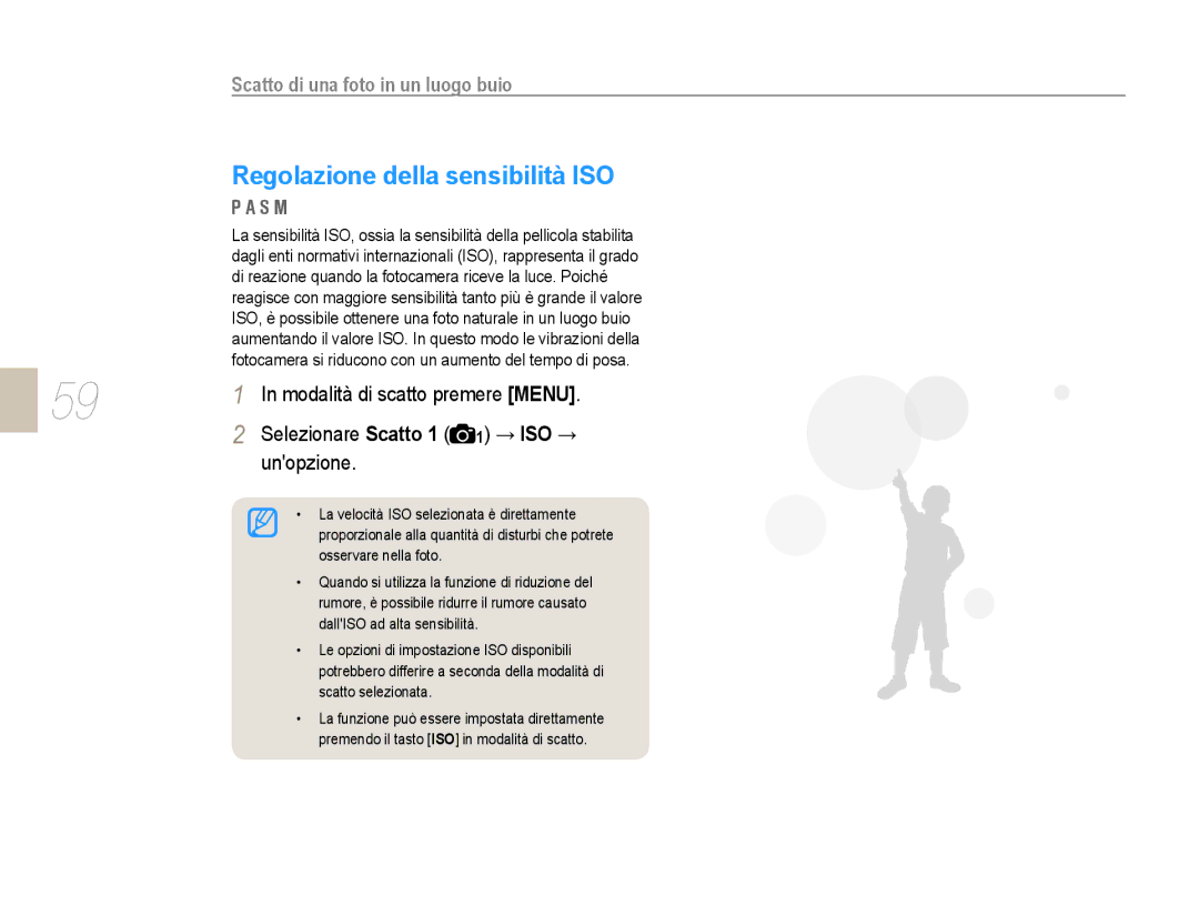 Samsung EV-NX10ZZBABIT, EV-NX10ZZBABDE, EV-NX10ZZBCBIT Regolazione della sensibilità ISO, Modalità di scatto premere Menu 