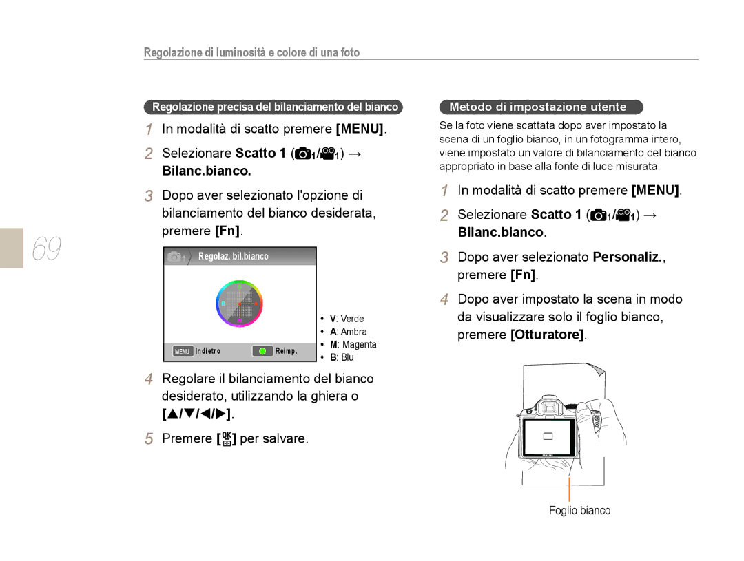 Samsung EV-NX10ZZBABDE Modalità di scatto premere Menu, Regolazione precisa del bilanciamento del bianco, Foglio bianco 