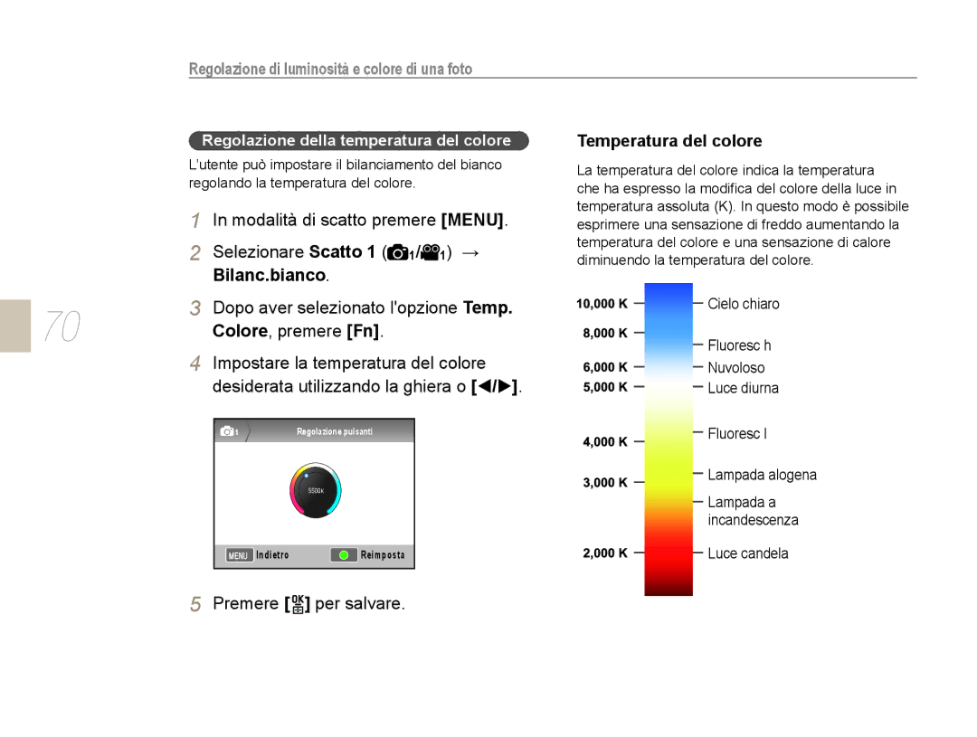 Samsung EV-NX10ZZBCBIT manual Dopo aver selezionato lopzione Temp, Colore, premere Fn, Impostare la temperatura del colore 