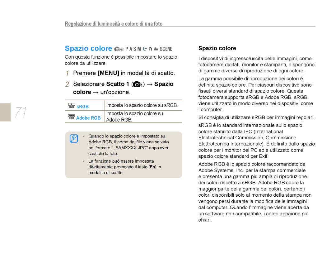 Samsung EV-NX10ZZBABIT, EV-NX10ZZBABDE, EV-NX10ZZBCBIT manual Spazio colore, Srgb, Adobe RGB Imposta lo spazio colore su 