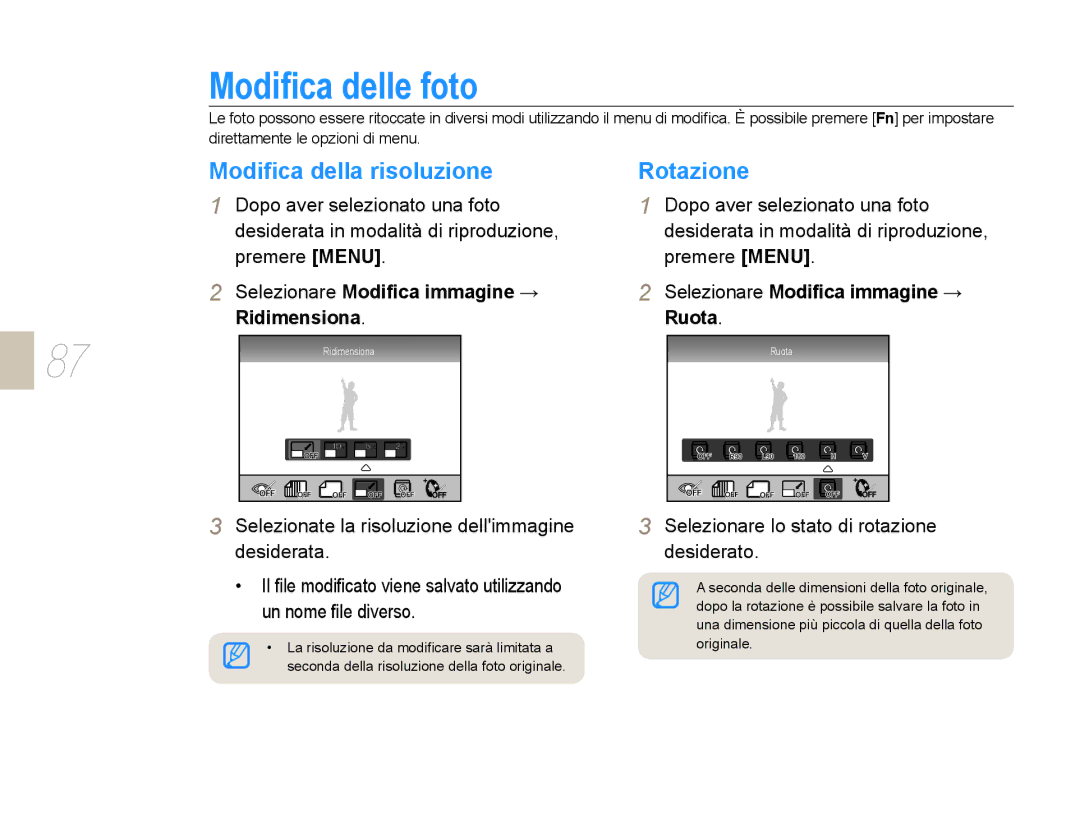 Samsung EV-NX10ZZBABDE Modiﬁca delle foto, Modiﬁca della risoluzione, Rotazione, Selezionare Modiﬁca immagine → Ruota 