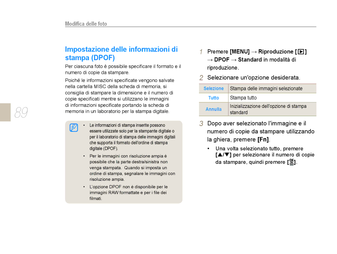 Samsung EV-NX10ZZBABIT, EV-NX10ZZBABDE manual Impostazione delle informazioni di, Stampa Dpof, Premere Menu → Riproduzione 