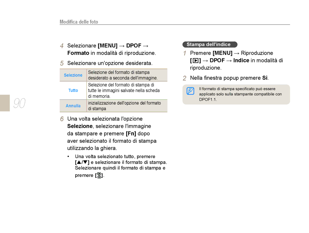 Samsung EV-NX10ZZBABDE manual Selezionare Menu → Dpof →, Premere Menu → Riproduzione, Formato in modalità di riproduzione 