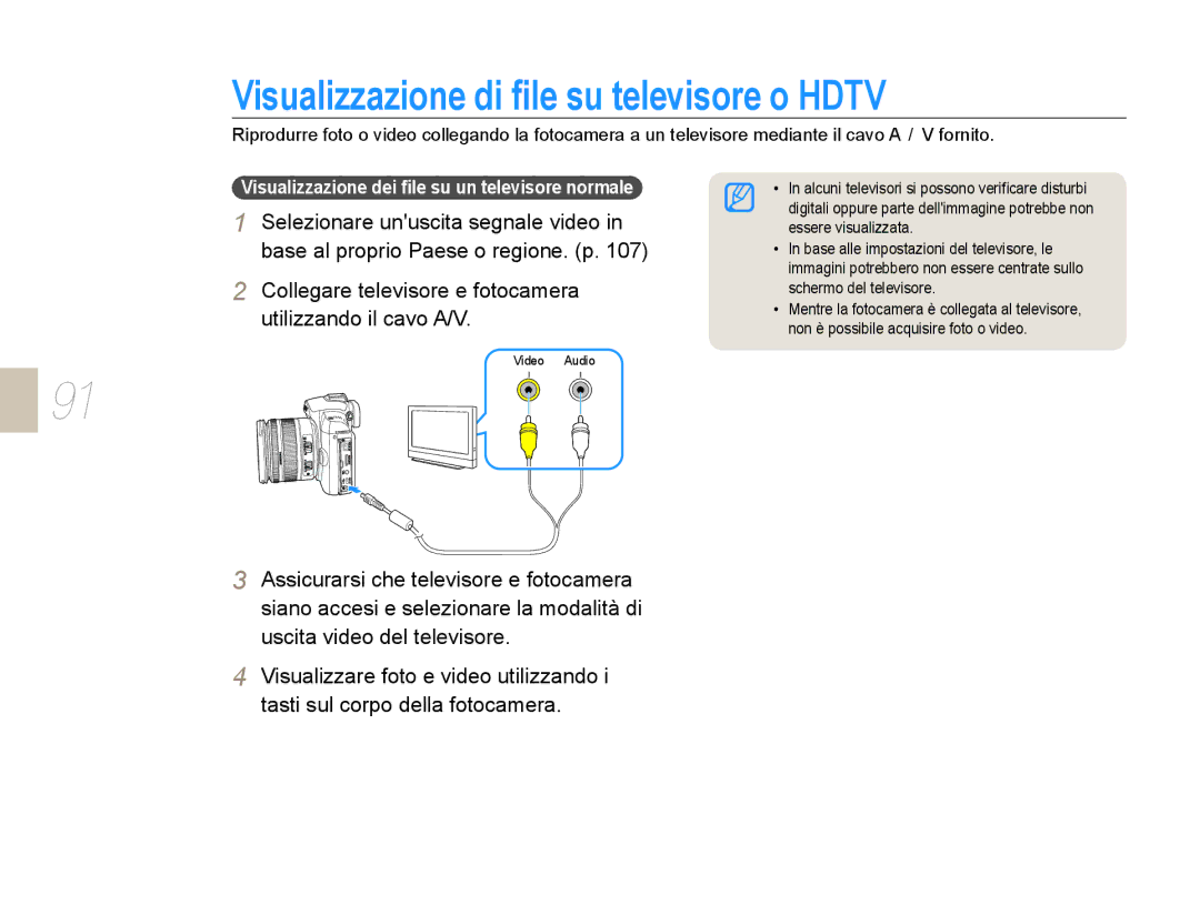 Samsung EV-NX10ZZBCBIT manual Visualizzazione di ﬁle su televisore o Hdtv, Visualizzazione dei ﬁle su un televisore normale 