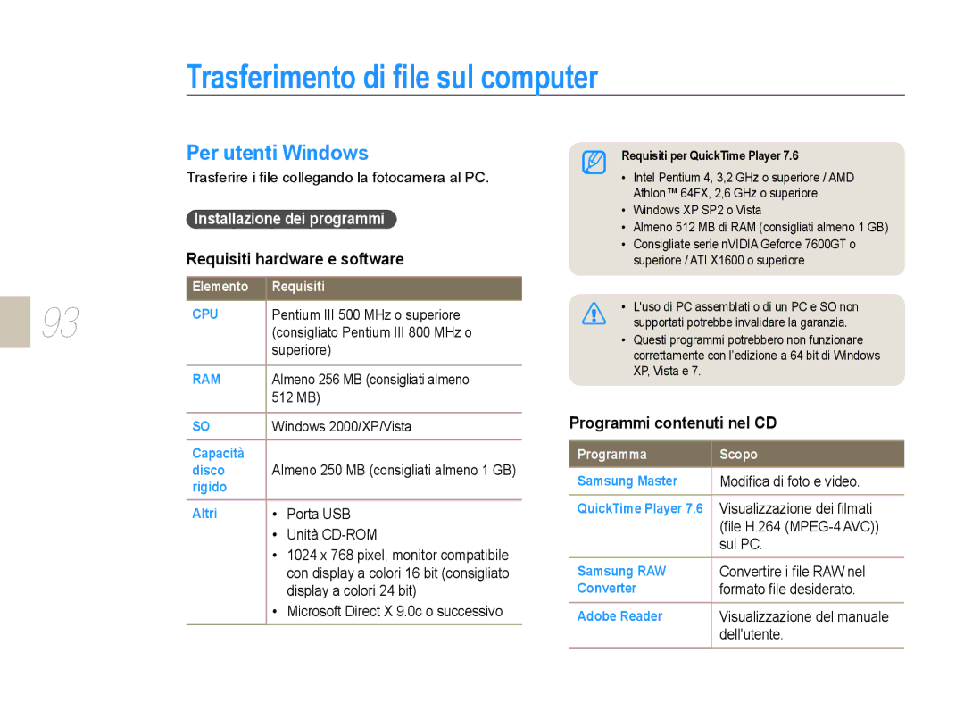 Samsung EV-NX10ZZBABDE manual Trasferimento di ﬁle sul computer, Per utenti Windows, Requisiti hardware e software 