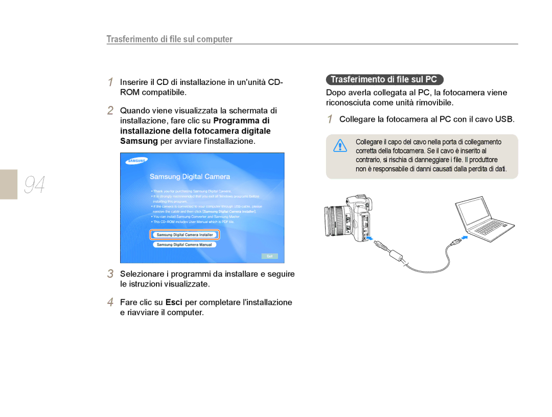 Samsung EV-NX10ZZBCBIT, EV-NX10ZZBABDE, EV-NX10ZZBABIT manual Trasferimento di ﬁle sul computer, Trasferimento di ﬁle sul PC 