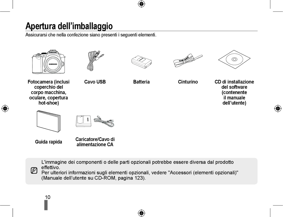 Samsung EV-NX10ZZBCBIT, EV-NX10ZZBABDE, EV-NX10ZZBABIT Apertura dell’imballaggio, Cavo USB Batteria Cinturino, Guida rapida 