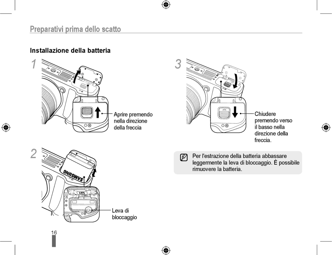 Samsung EV-NX10ZZBCBIT, EV-NX10ZZBABDE, EV-NX10ZZBABIT manual Rimuovere la batteria, Leva di Bloccaggio 