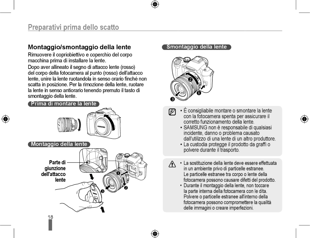 Samsung EV-NX10ZZBABDE, EV-NX10ZZBCBIT Montaggio/smontaggio della lente, Prima di montare la lente Montaggio della lente 