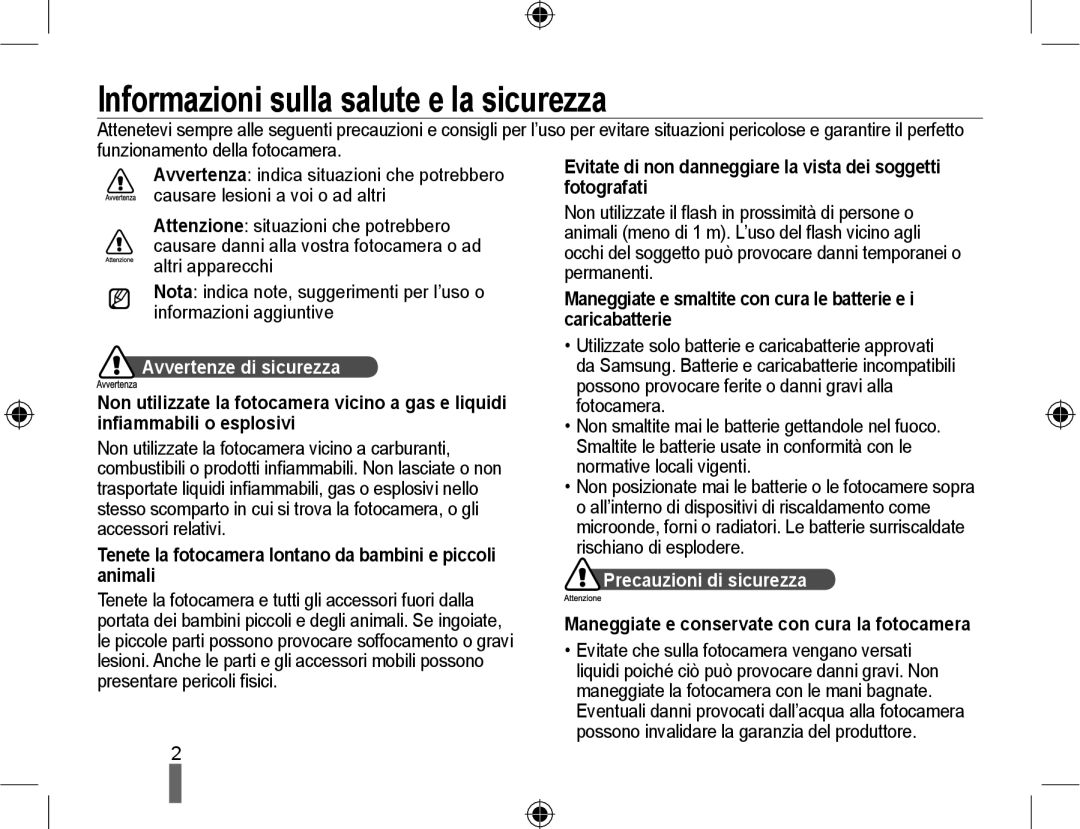 Samsung EV-NX10ZZBABIT manual Informazioni sulla salute e la sicurezza, Avvertenze di sicurezza, Precauzioni di sicurezza 