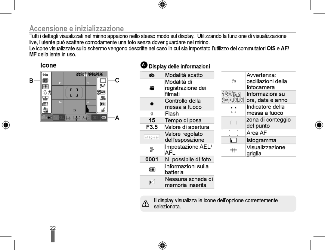 Samsung EV-NX10ZZBCBIT, EV-NX10ZZBABDE, EV-NX10ZZBABIT manual Icone, Display delle informazioni 