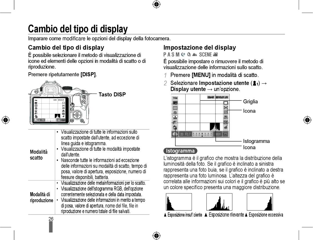 Samsung EV-NX10ZZBABIT, EV-NX10ZZBABDE manual Cambio del tipo di display, Impostazione del display, IstogrammaIcona 