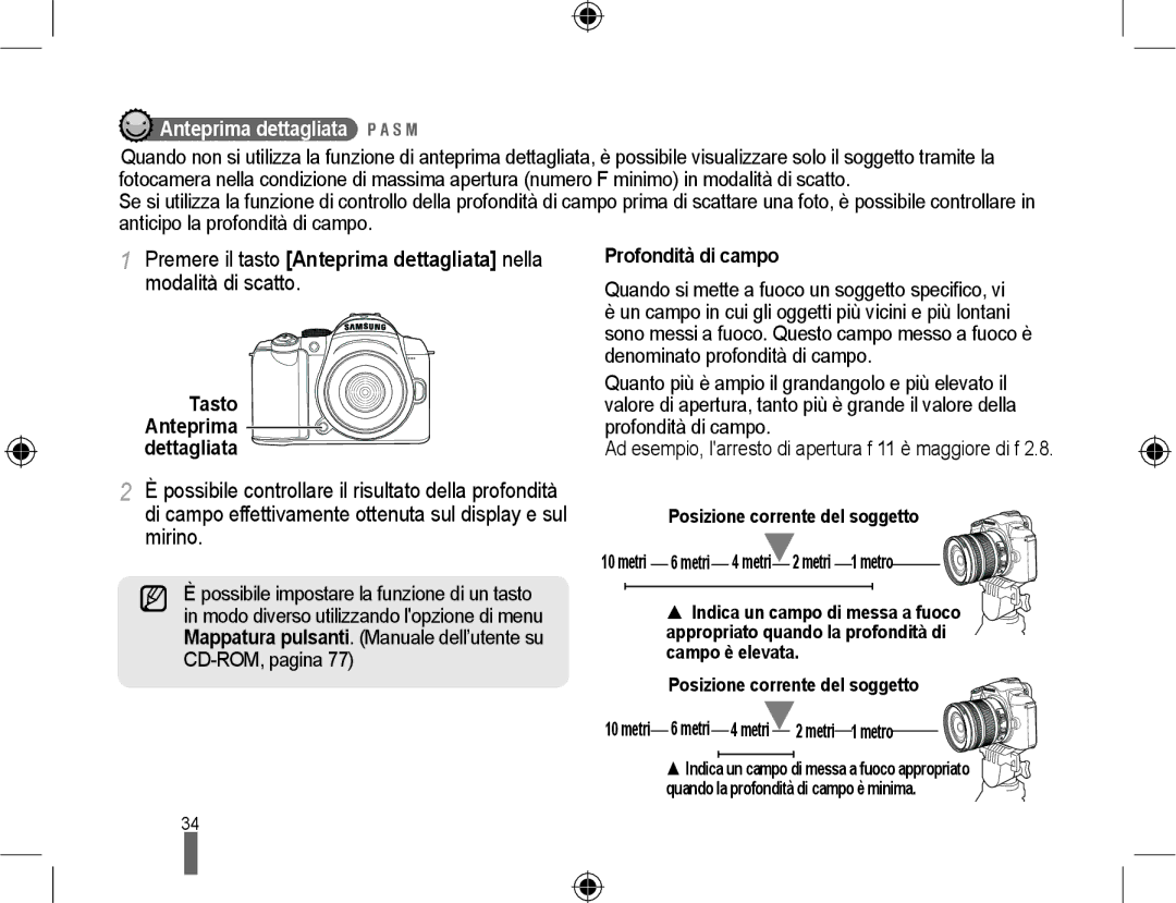 Samsung EV-NX10ZZBCBIT Tasto Anteprima dettagliata, Profondità di campo, Quando si mette a fuoco un soggetto speciﬁco 