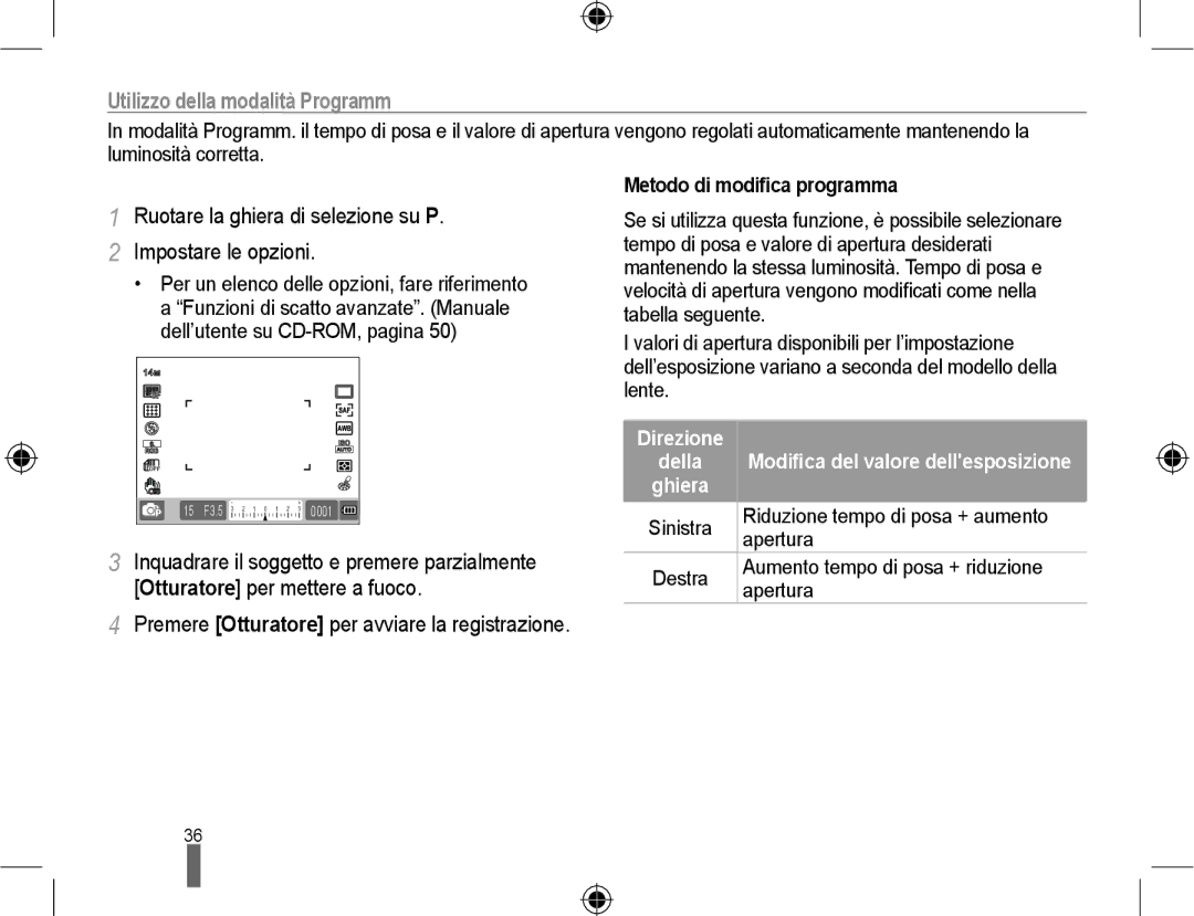 Samsung EV-NX10ZZBABDE Ruotare la ghiera di selezione su P Impostare le opzioni, Metodo di modiﬁca programma, Direzione 