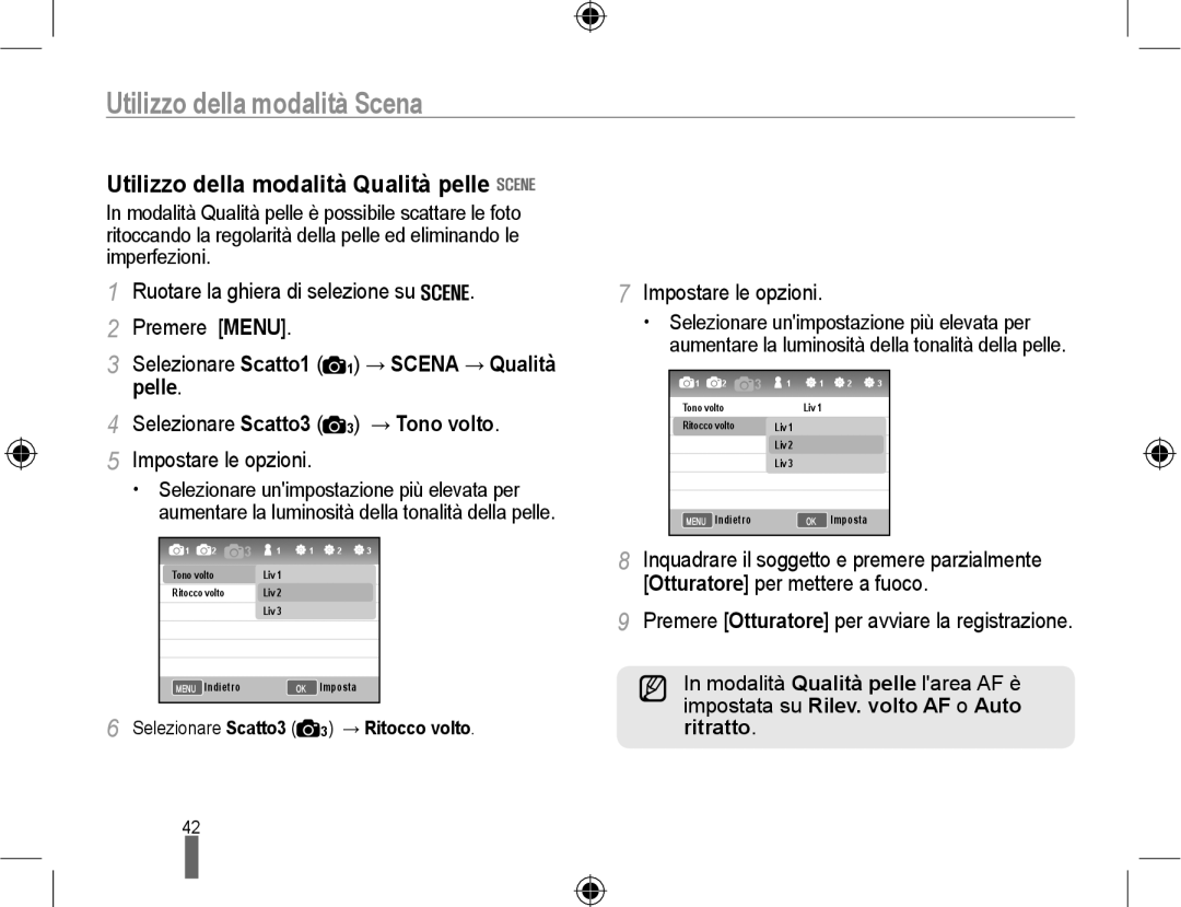 Samsung EV-NX10ZZBABDE, EV-NX10ZZBCBIT manual Utilizzo della modalità Scena, Utilizzo della modalità Qualità pelle, Ritratto 