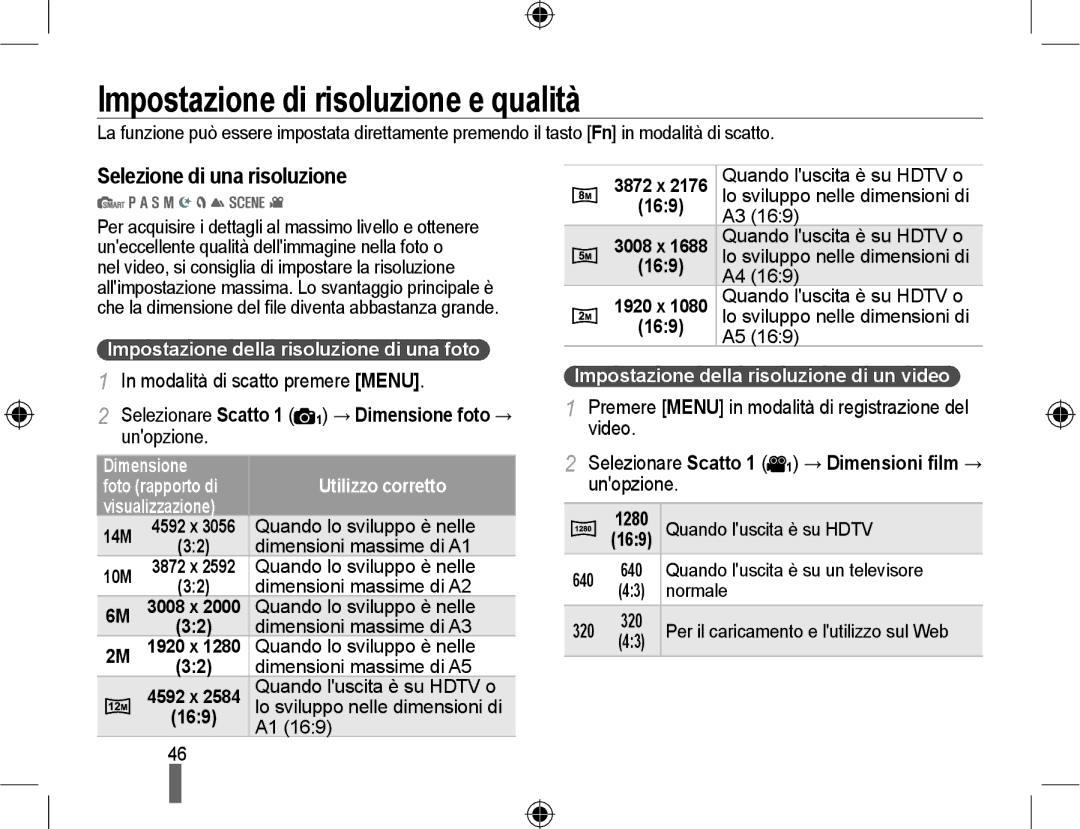 Samsung EV-NX10ZZBCBIT, EV-NX10ZZBABDE, EV-NX10ZZBABIT Impostazione di risoluzione e qualità, Selezione di una risoluzione 