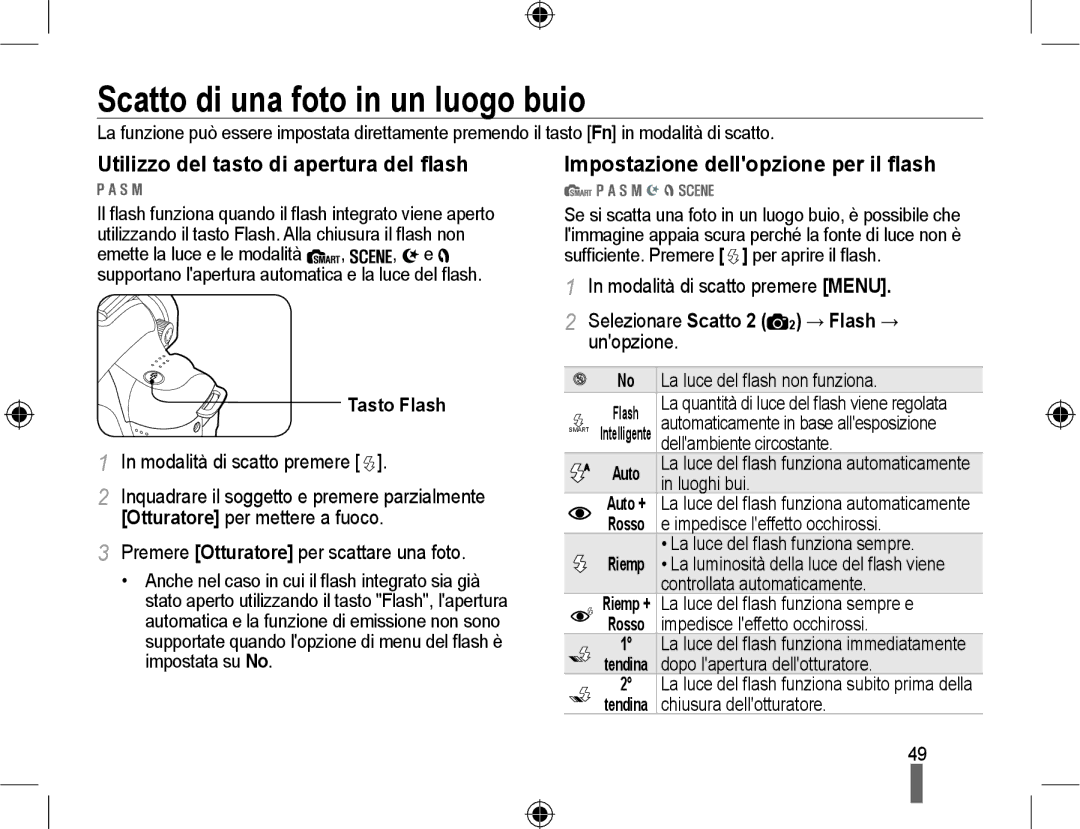 Samsung EV-NX10ZZBCBIT, EV-NX10ZZBABDE manual Scatto di una foto in un luogo buio, Utilizzo del tasto di apertura del ﬂash 