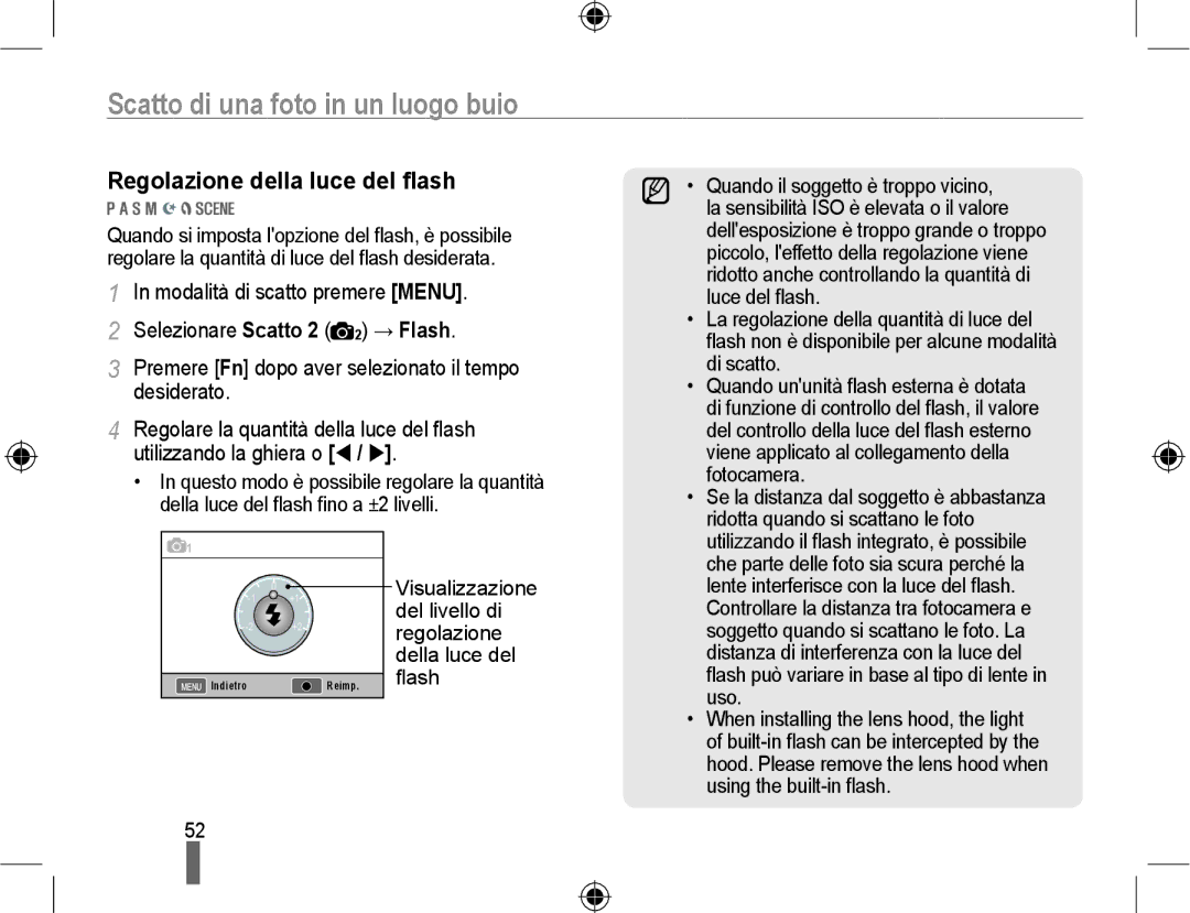 Samsung EV-NX10ZZBCBIT, EV-NX10ZZBABDE, EV-NX10ZZBABIT manual Regolazione della luce del ﬂash 