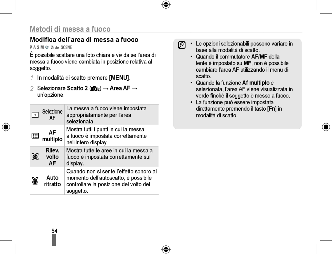 Samsung EV-NX10ZZBABDE, EV-NX10ZZBCBIT, EV-NX10ZZBABIT manual Metodi di messa a fuoco, Modiﬁca dell’area di messa a fuoco 