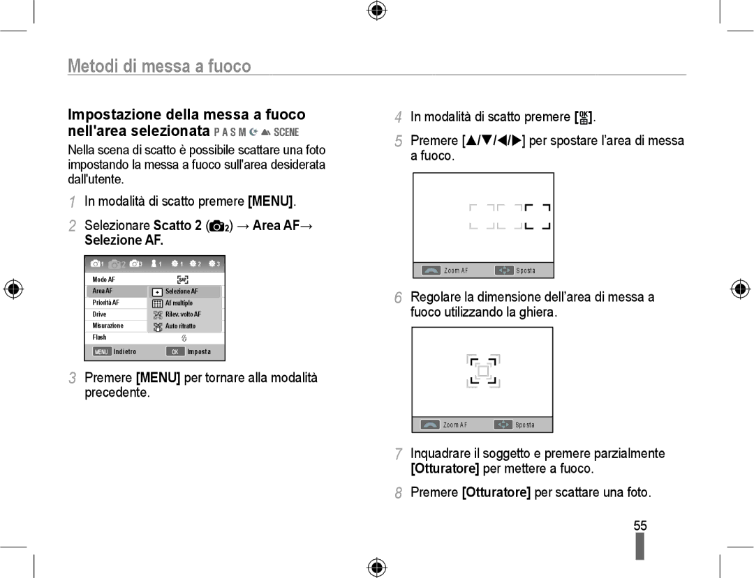 Samsung EV-NX10ZZBCBIT, EV-NX10ZZBABDE, EV-NX10ZZBABIT Selezione AF, Impostazione della messa a fuoco nellarea selezionata 