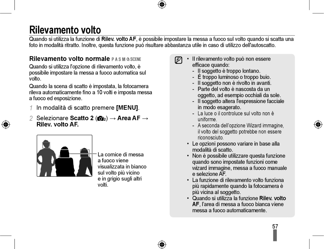 Samsung EV-NX10ZZBABDE, EV-NX10ZZBCBIT, EV-NX10ZZBABIT manual Rilevamento volto normale, Rilev. volto AF 