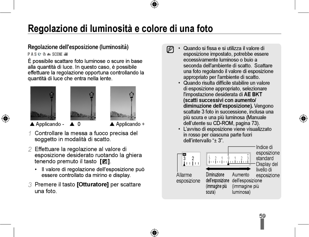 Samsung EV-NX10ZZBABIT manual Regolazione di luminosità e colore di una foto, Regolazione dellesposizione luminosità 