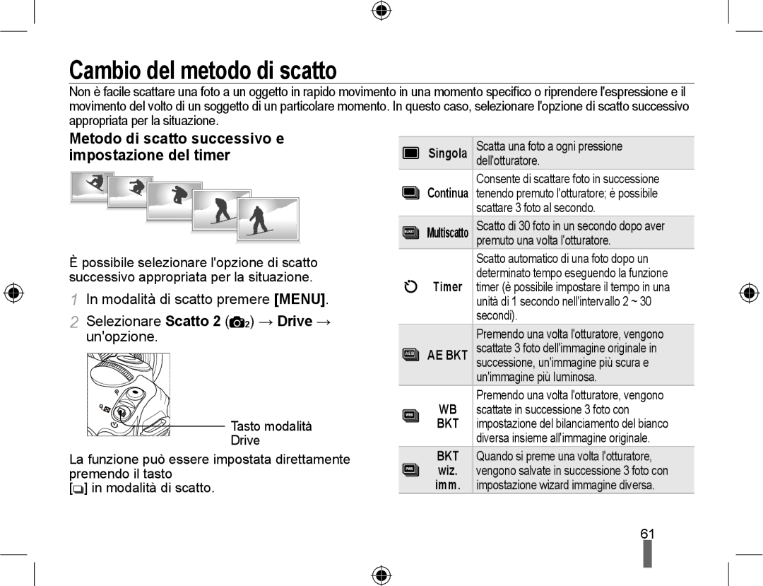 Samsung EV-NX10ZZBCBIT manual Cambio del metodo di scatto, Metodo di scatto successivo e, Impostazione del timer, Unopzione 