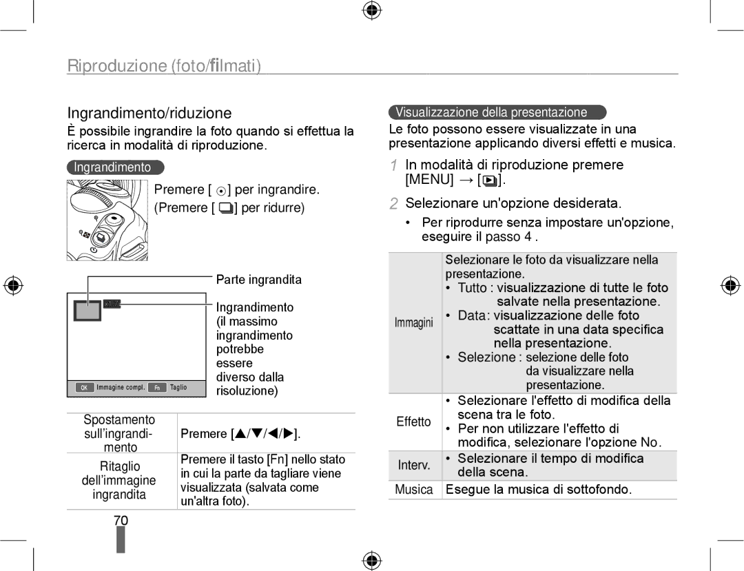 Samsung EV-NX10ZZBCBIT Ingrandimento/riduzione, Modalità di riproduzione premere, Menu →, Selezionare unopzione desiderata 