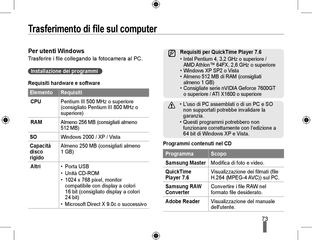 Samsung EV-NX10ZZBCBIT Trasferimento di ﬁle sul computer, Per utenti Windows, Installazione dei programmi, Programma Scopo 