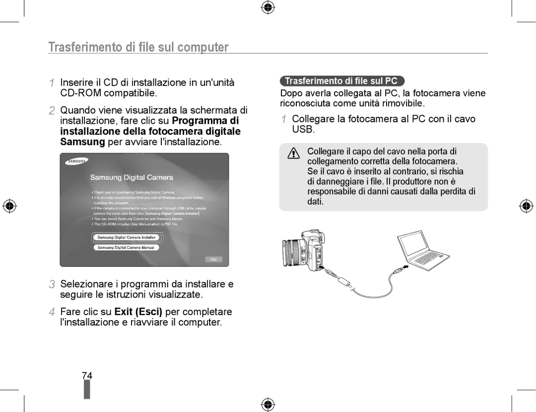 Samsung EV-NX10ZZBABIT, EV-NX10ZZBABDE Trasferimento di ﬁle sul computer, Collegare la fotocamera al PC con il cavo USB 