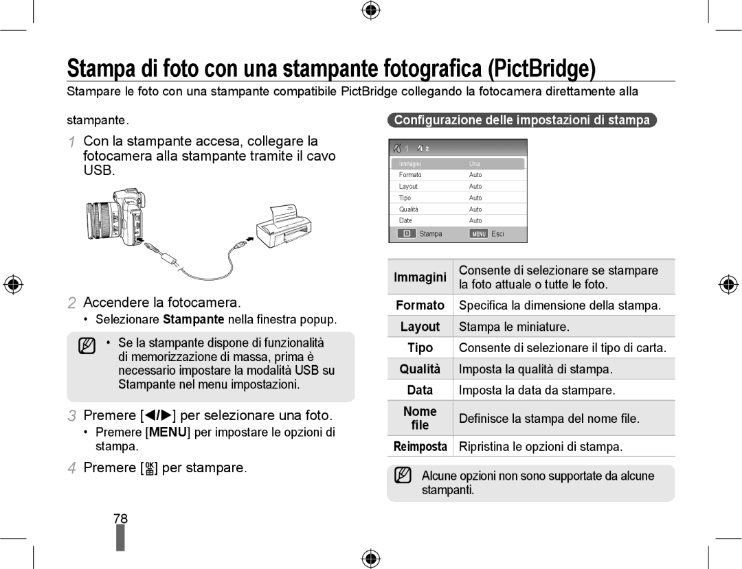 Samsung EV-NX10ZZBABDE manual Stampa di foto con una stampante fotograﬁca PictBridge, Premere W/X per selezionare una foto 