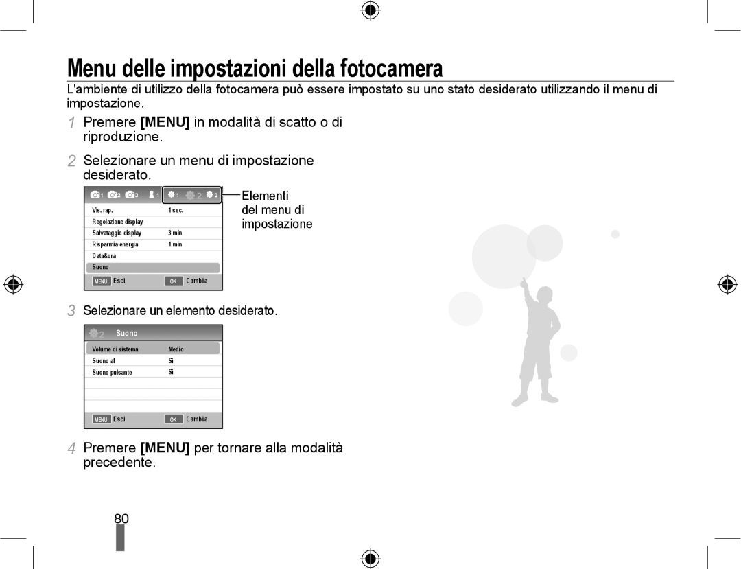 Samsung EV-NX10ZZBABIT, EV-NX10ZZBABDE manual Menu delle impostazioni della fotocamera, Selezionare un elemento desiderato 