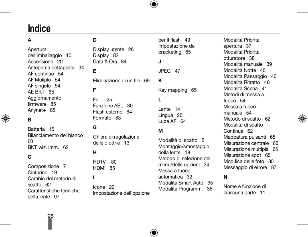 Samsung EV-NX10ZZBABIT, EV-NX10ZZBABDE, EV-NX10ZZBCBIT manual Indice, Icone, Key mapping Lente Lingua Luce AF 