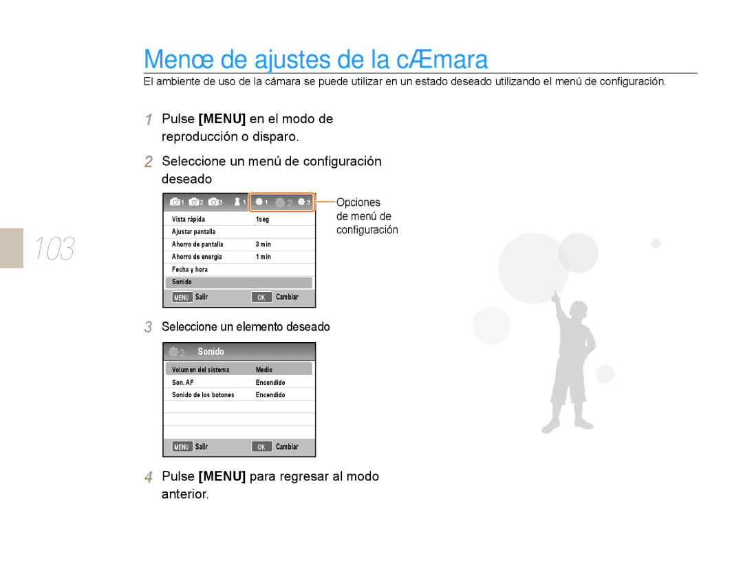 Samsung NX10PRTV01/SES Menú de ajustes de la cámara, Seleccione un elemento deseado, Opciones de menú de conﬁguración 