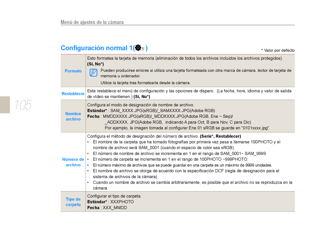 Samsung NX10RH08M3/SES, EV-NX10ZZBABDE, EV-NX10ZZBCBES, EV-NX10ZZBABPT, NX10PRCV02/SES manual 105, Conﬁguración normal 1 