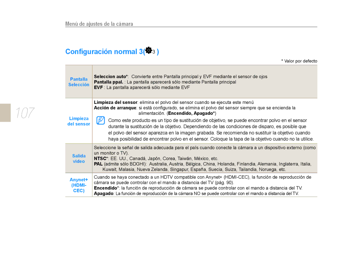 Samsung EV-NX10ZZBABPT, EV-NX10ZZBABDE, NX10RH08M3/SES, EV-NX10ZZBCBES, NX10PRCV02/SES manual 107, Conﬁguración normal 3 