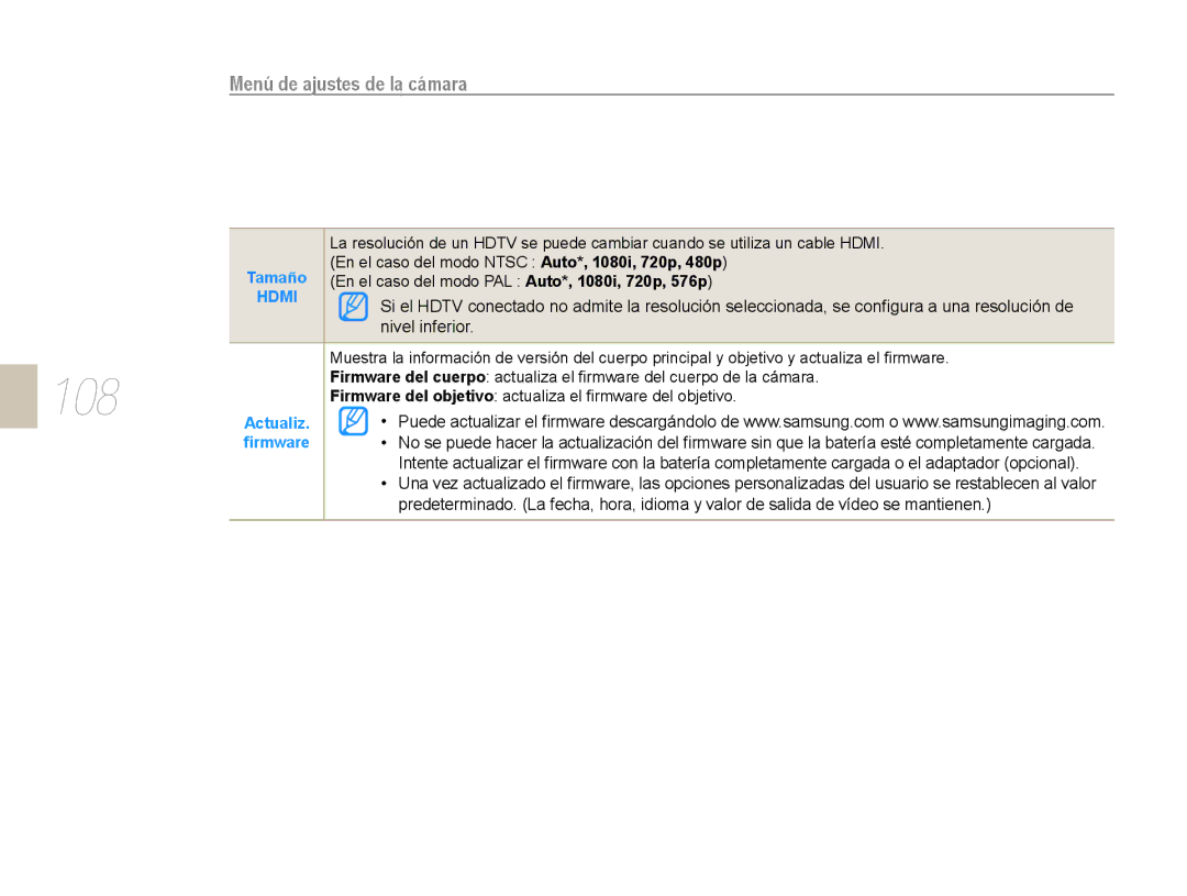 Samsung NX10PRCV02/SES, EV-NX10ZZBABDE, NX10RH08M3/SES, EV-NX10ZZBCBES, EV-NX10ZZBABPT 108, Nivel inferior, Actualiz ﬁrmware 