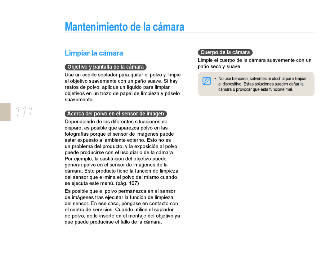 Samsung NX10PRTV01/SES, EV-NX10ZZBABDE Mantenimiento de la cámara, Limpiar la cámara, Objetivo y pantalla de la cámara 